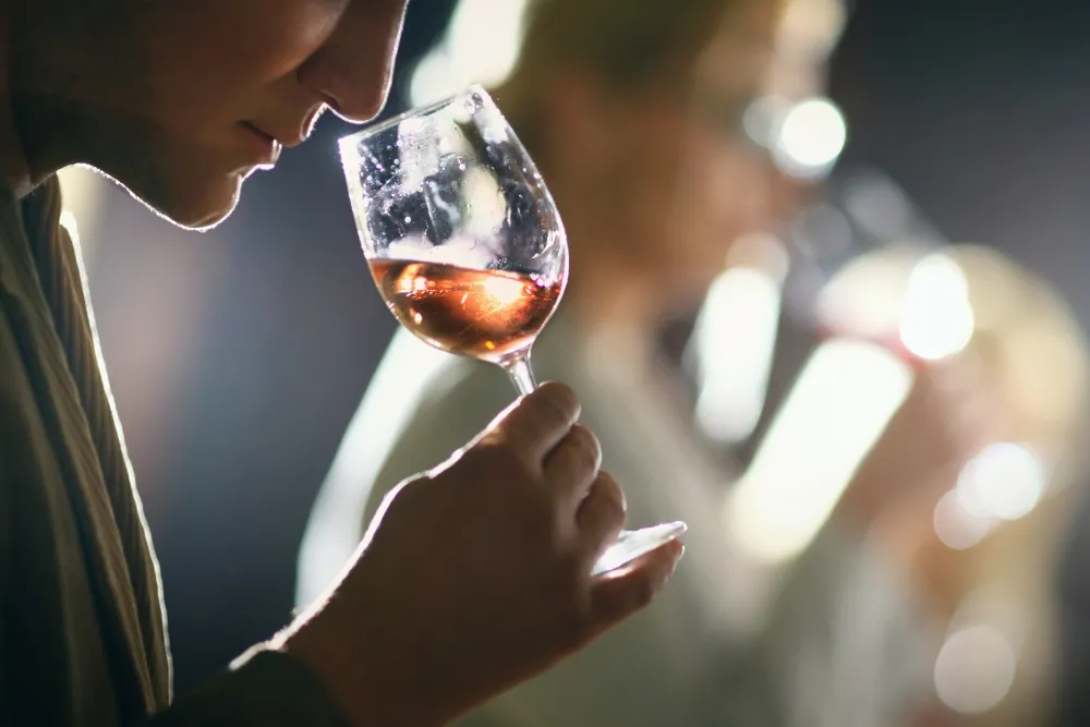 a person smelling the wine