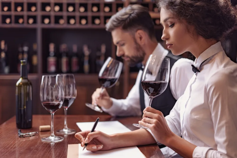 Two baristas holding a glass of red wine while smelling it